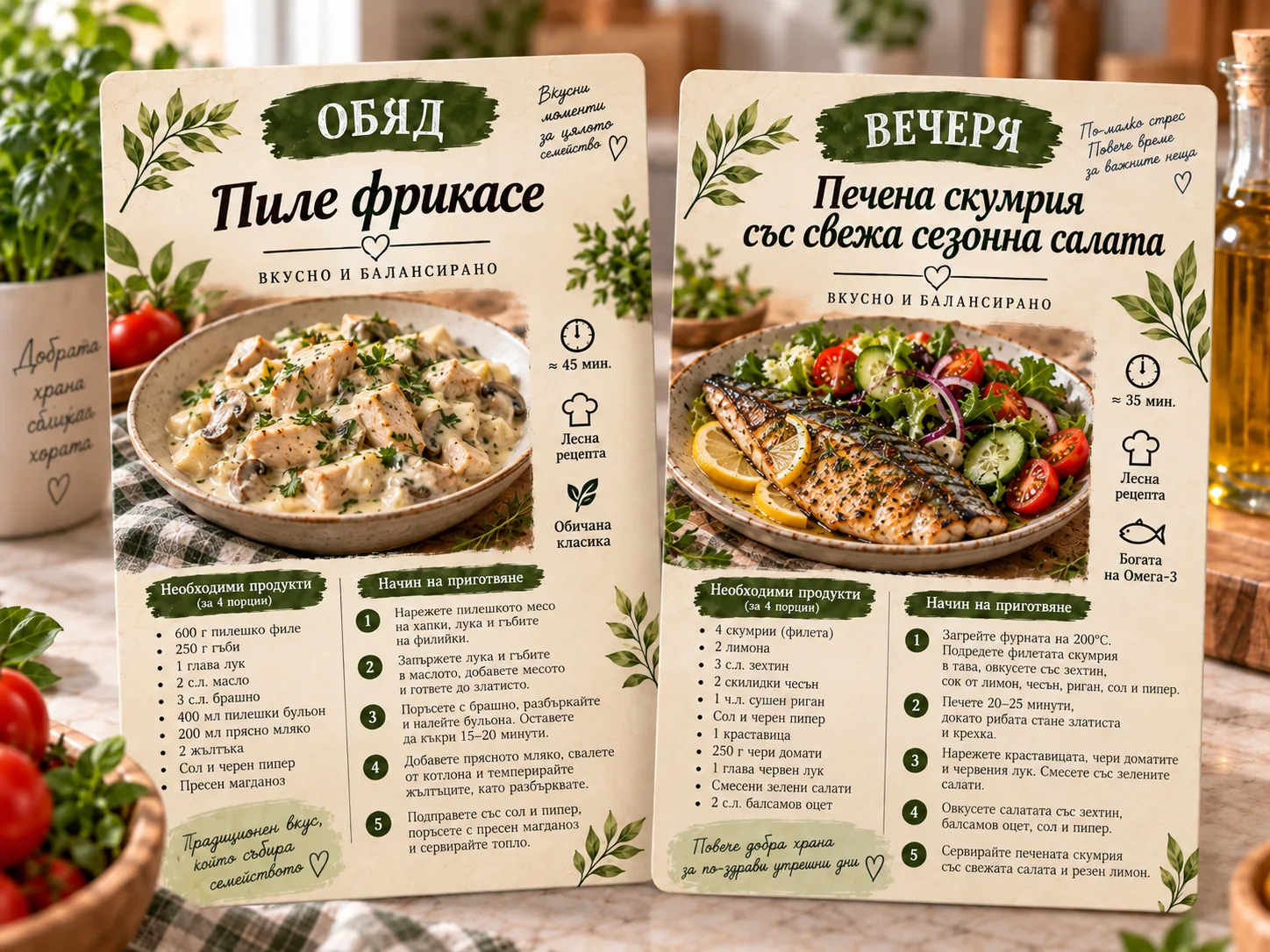 Примерни карти Обяд и Вечеря една до друга с реален дизайн