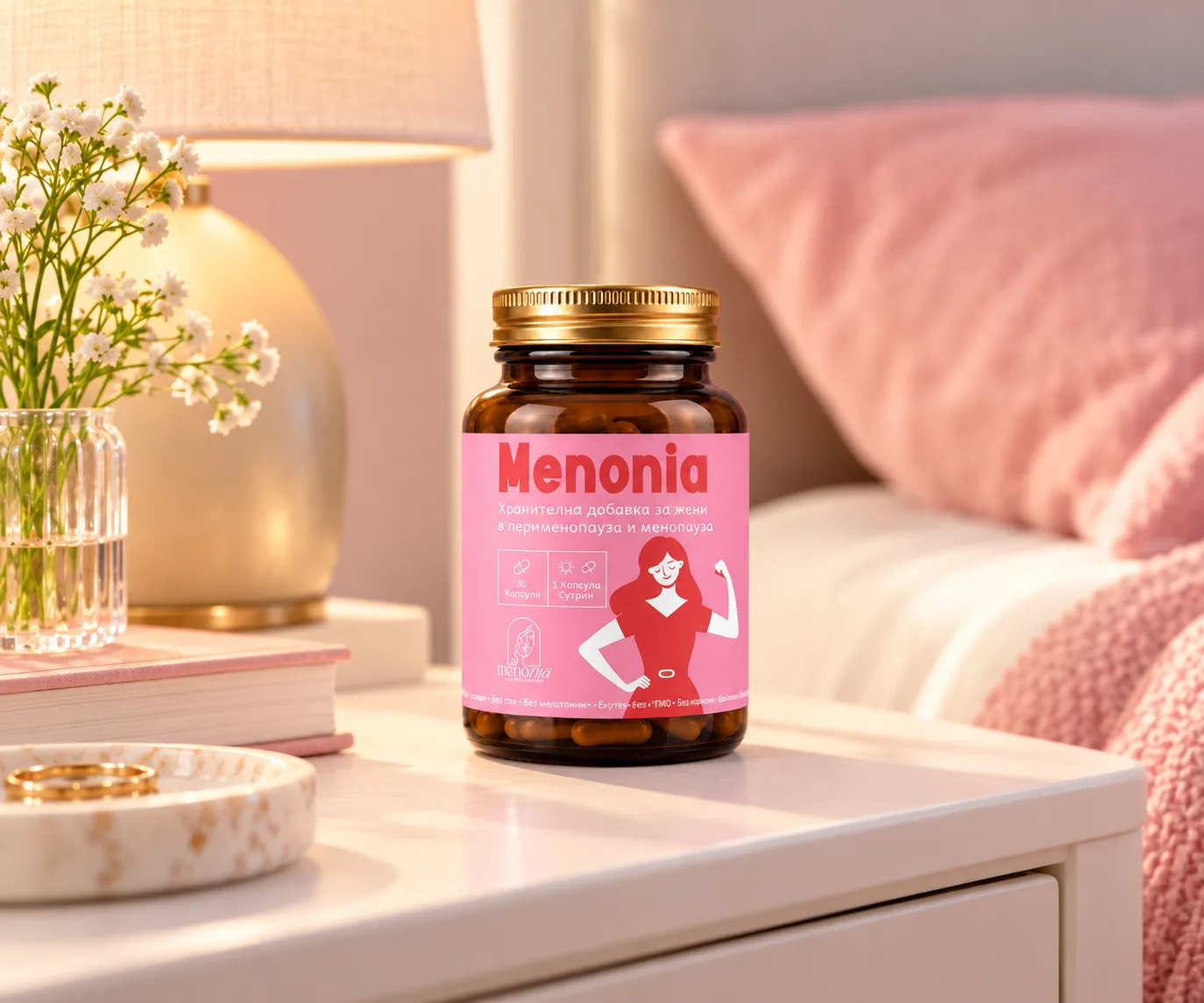 Menonia на нощно шкафче с лампа и розова възглавница