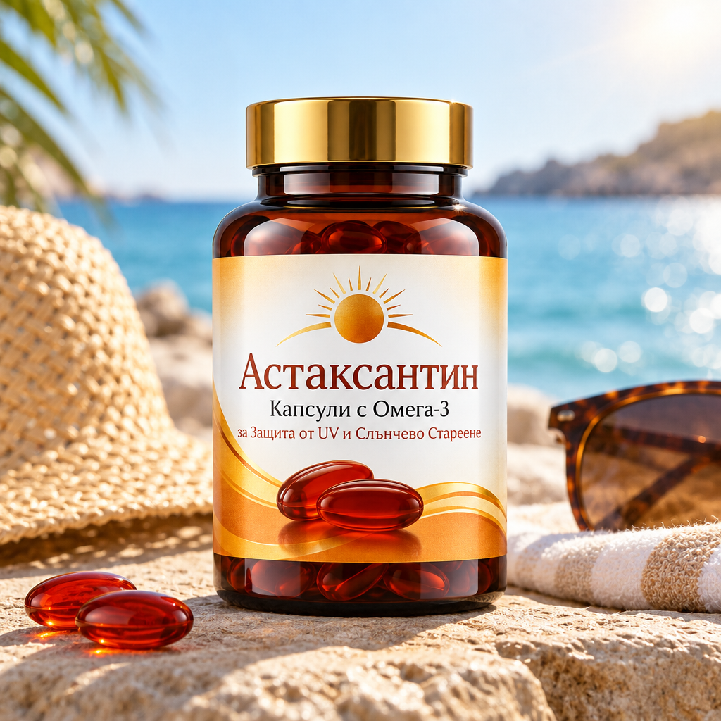 Астаксантин капсули с Омега-3 на плаж