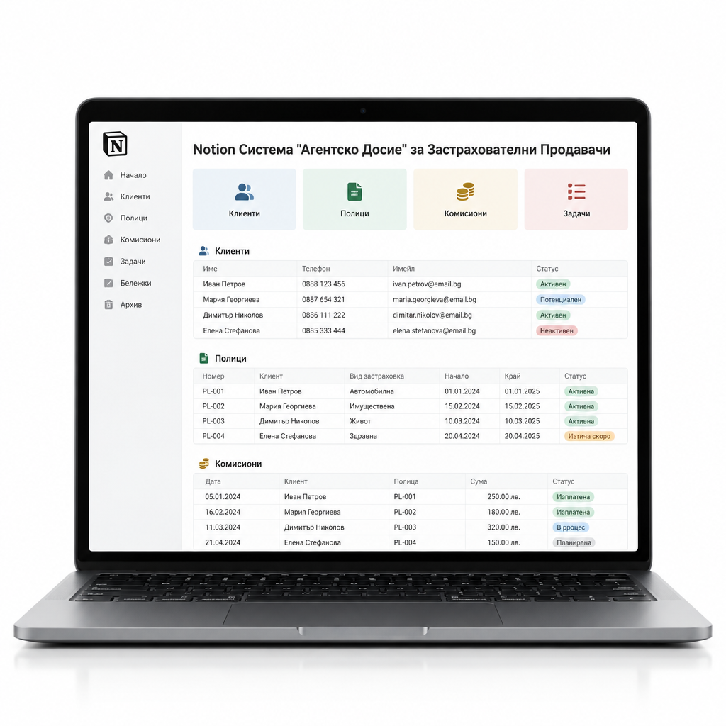 Notion Система Агентско Досие изглед на таблото