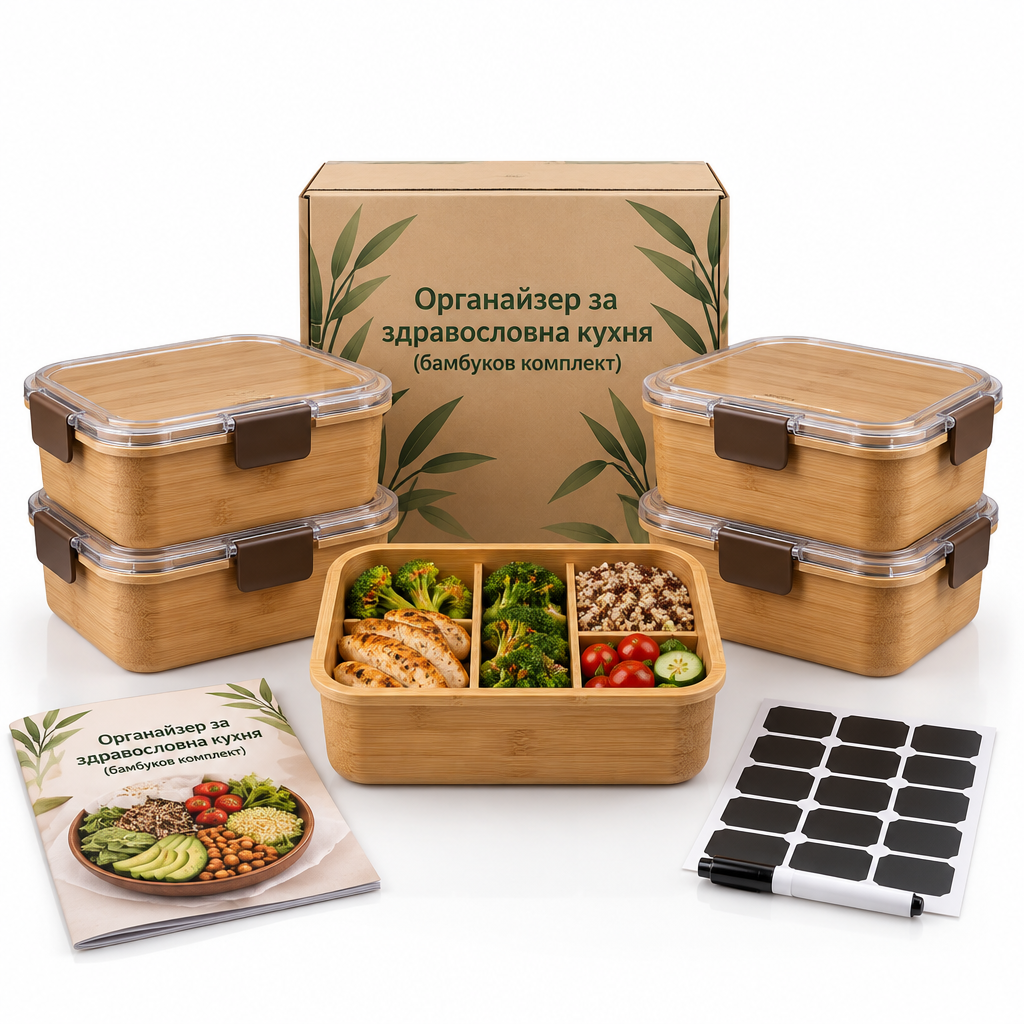 Бамбуков органайзер за здравословна кухня с контейнери за meal prep