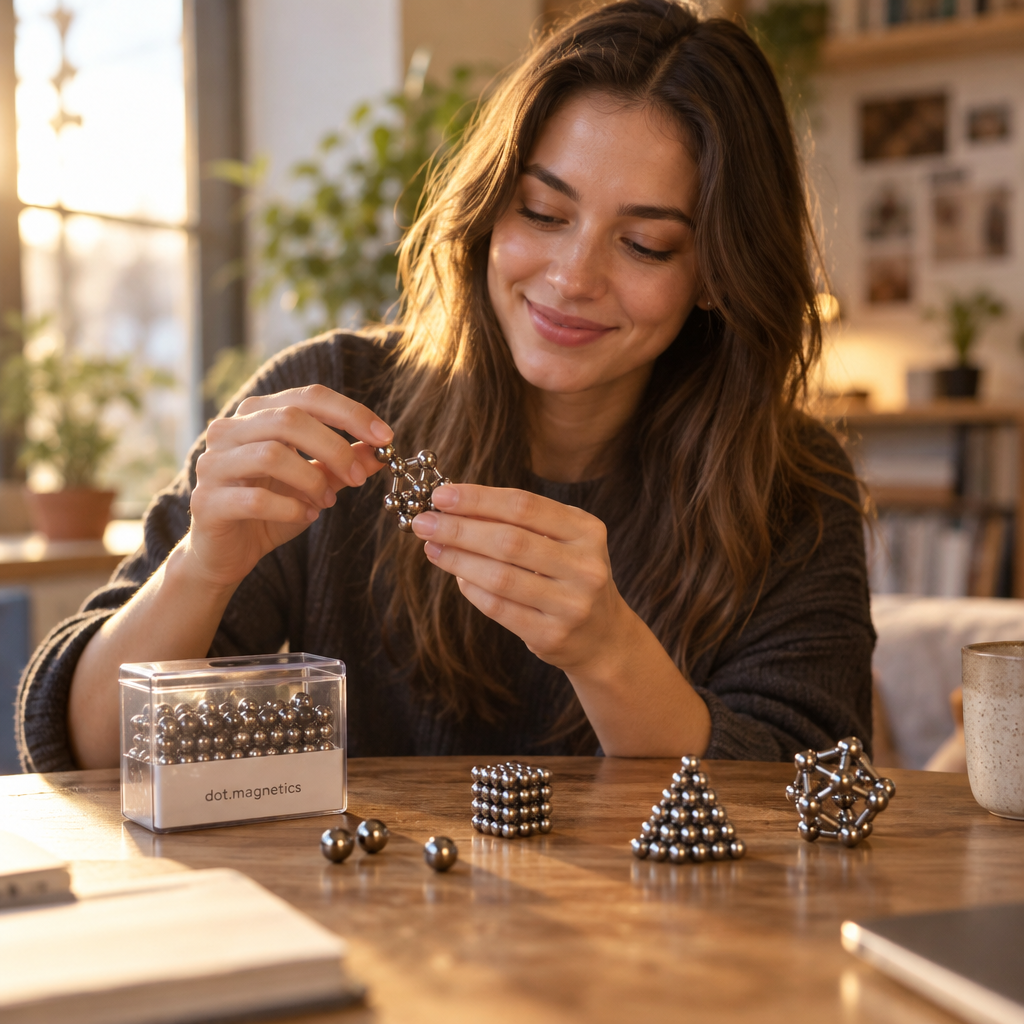 Близък план на сферичните магнити dot.magnetics