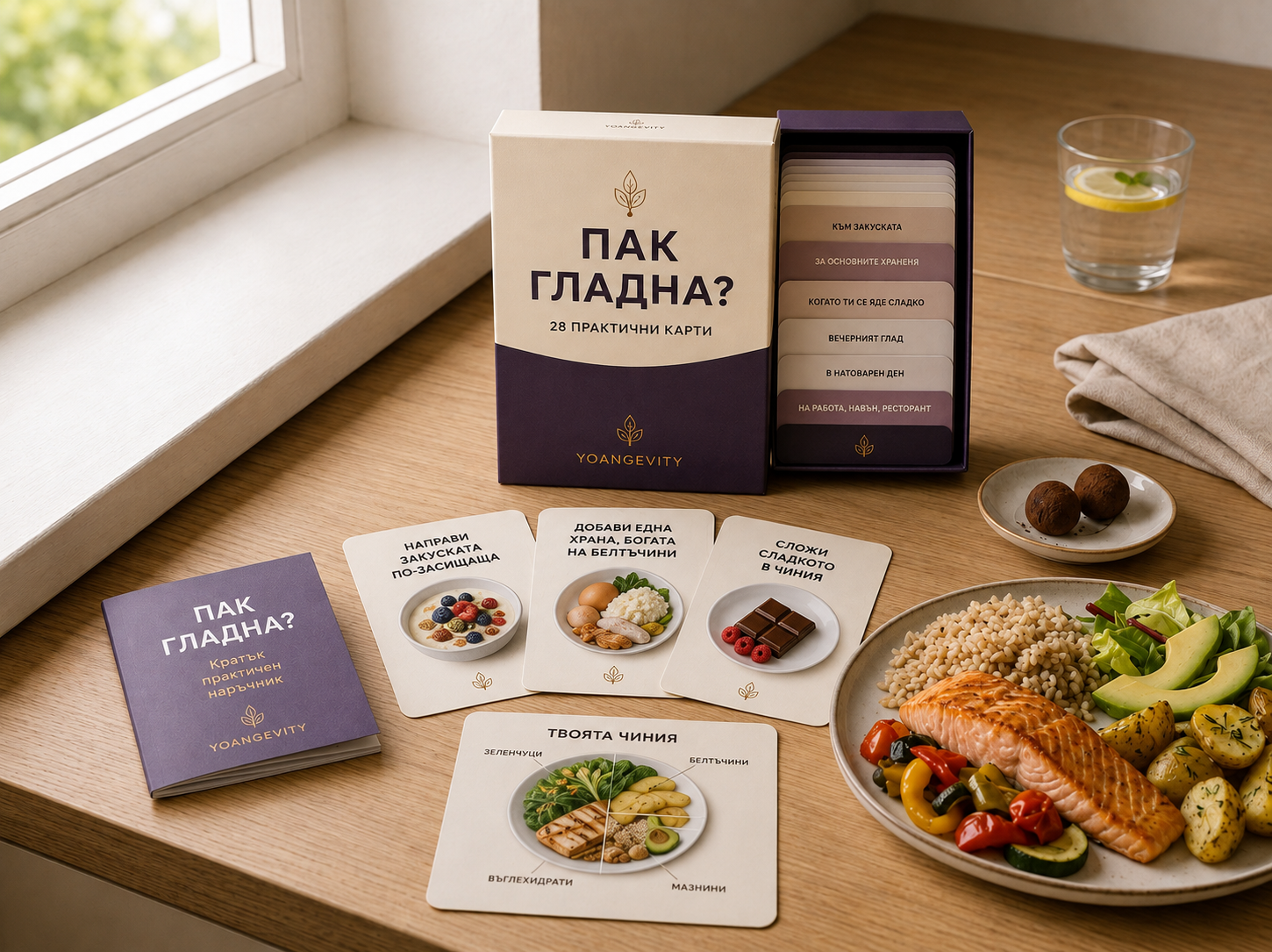 Сита. Точка. — кутия, отворено тесте карти, наръчник, чиния с нормална храна и шоколад