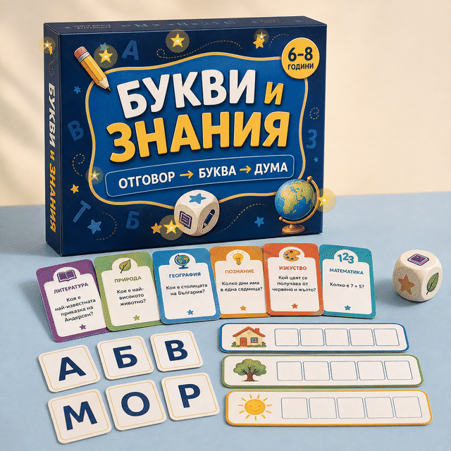 Кутия и компоненти на образователната игра Букви и знания